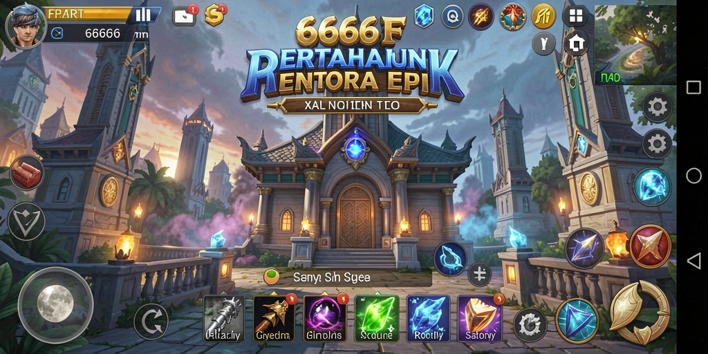 Screenshot utama 666F menunjukkan aksi menara melawan gelombang musuh.