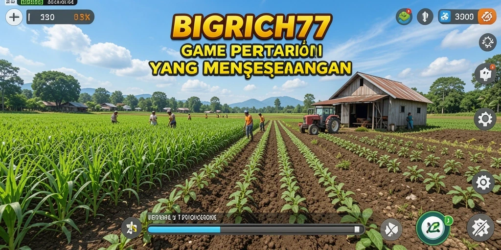 Screenshot gameplay BIGRICH77 menunjukkan ladang indah dengan tanaman subur.