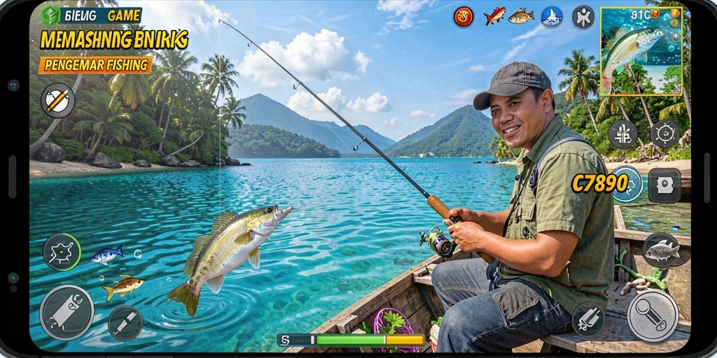 Screenshot dari gameplay C7890 yang menggambarkan aksi memancing yang mendebarkan.