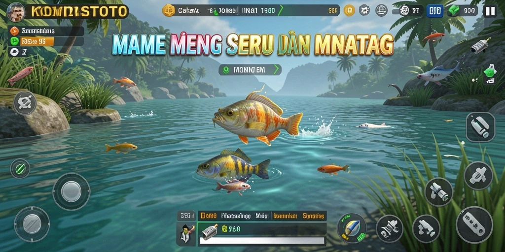 Screenshot KOMPASTOTO menampilkan pemain sedang menangkap ikan di danau yang indah.