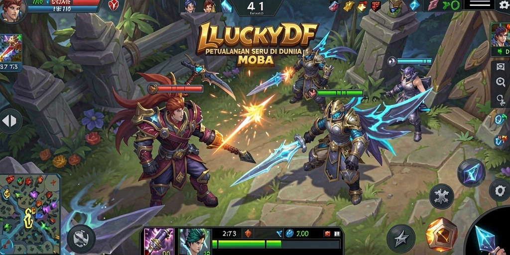 Screenshot utama LUCKYDF menampilkan aksi bermain MOBA yang intens.