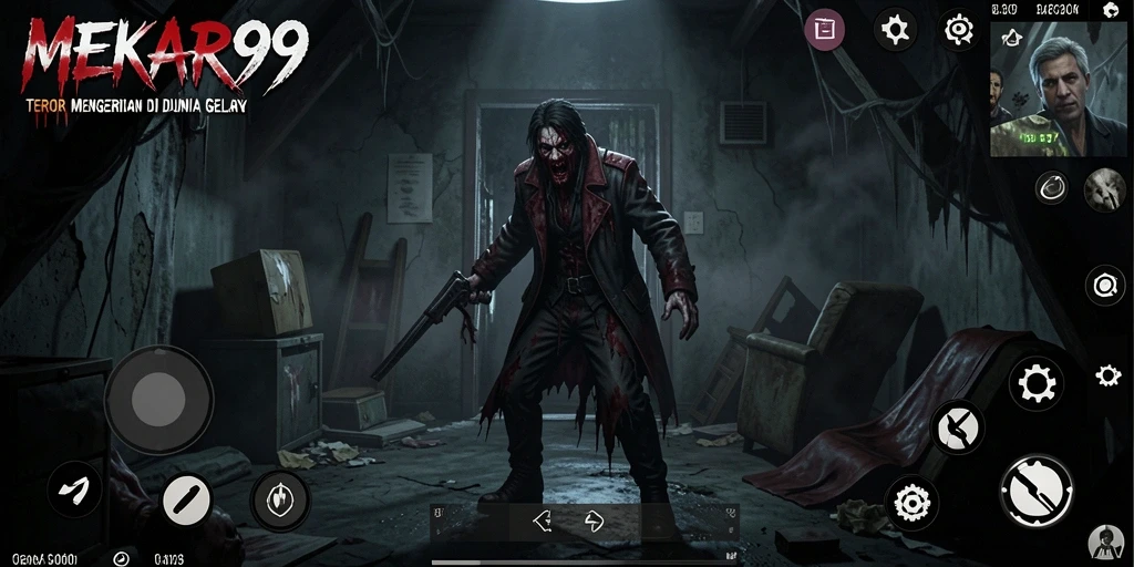 Screenshot gameplay MEKAR99 menampilkan suasana seram dan menegangkan.