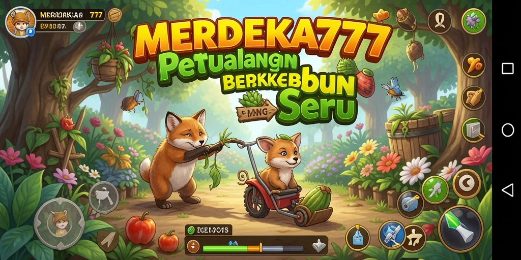 Screenshot gameplay MERDEKA777 menampilkan ladang subur dan hasil panen melimpah.